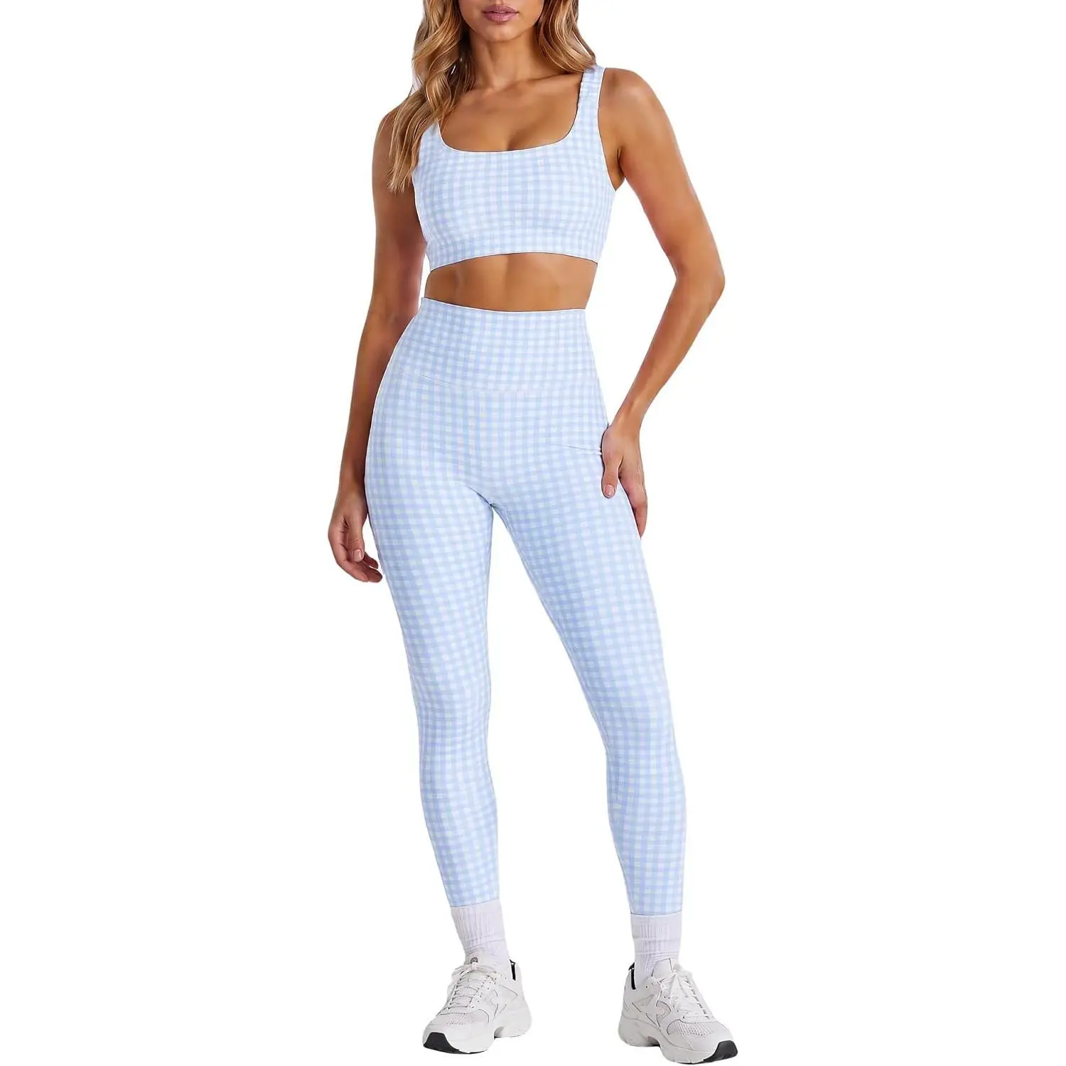 Womens Gingham Workout Sets 2 Piece Sets Athletic Outfits Sports Bra High Waist Leggings Sets Matching Activewear Sets