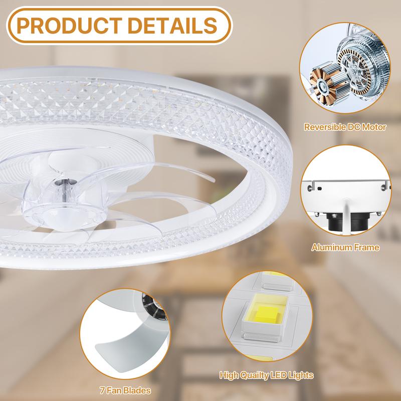 GLITGATE Ceiling Fan with Light, White Crystal Fan, 6-Speed + Reversible Motor Design, APP Remote Control, Timer Dimming, 3 Color Temperatures for Bedroom Living Room Study - Hardwired Power Design