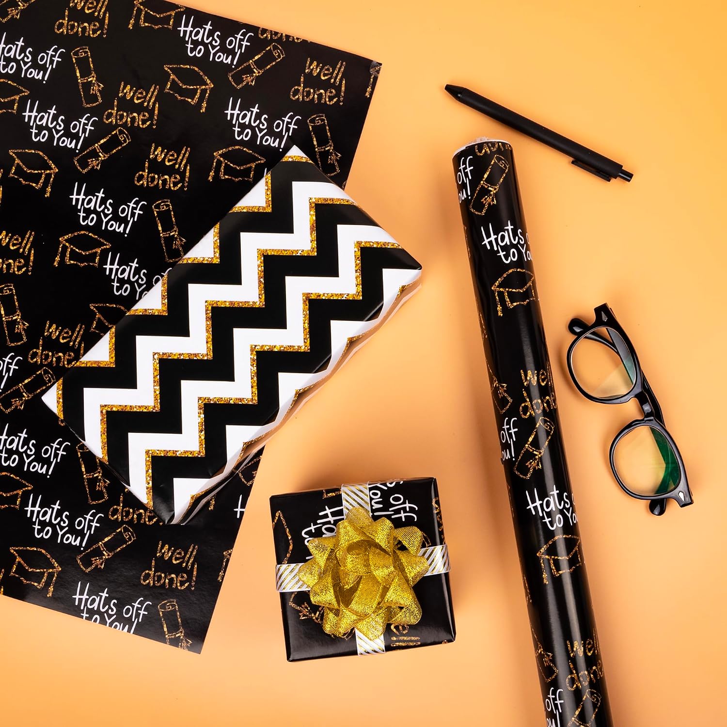Reversible Graduation Wrapping Paper Set Rolls Black  Trencher Cap and Wavy Stripes  Wrap Sheets for Party Celebration Annusarily  to School  28.5sq.ft
