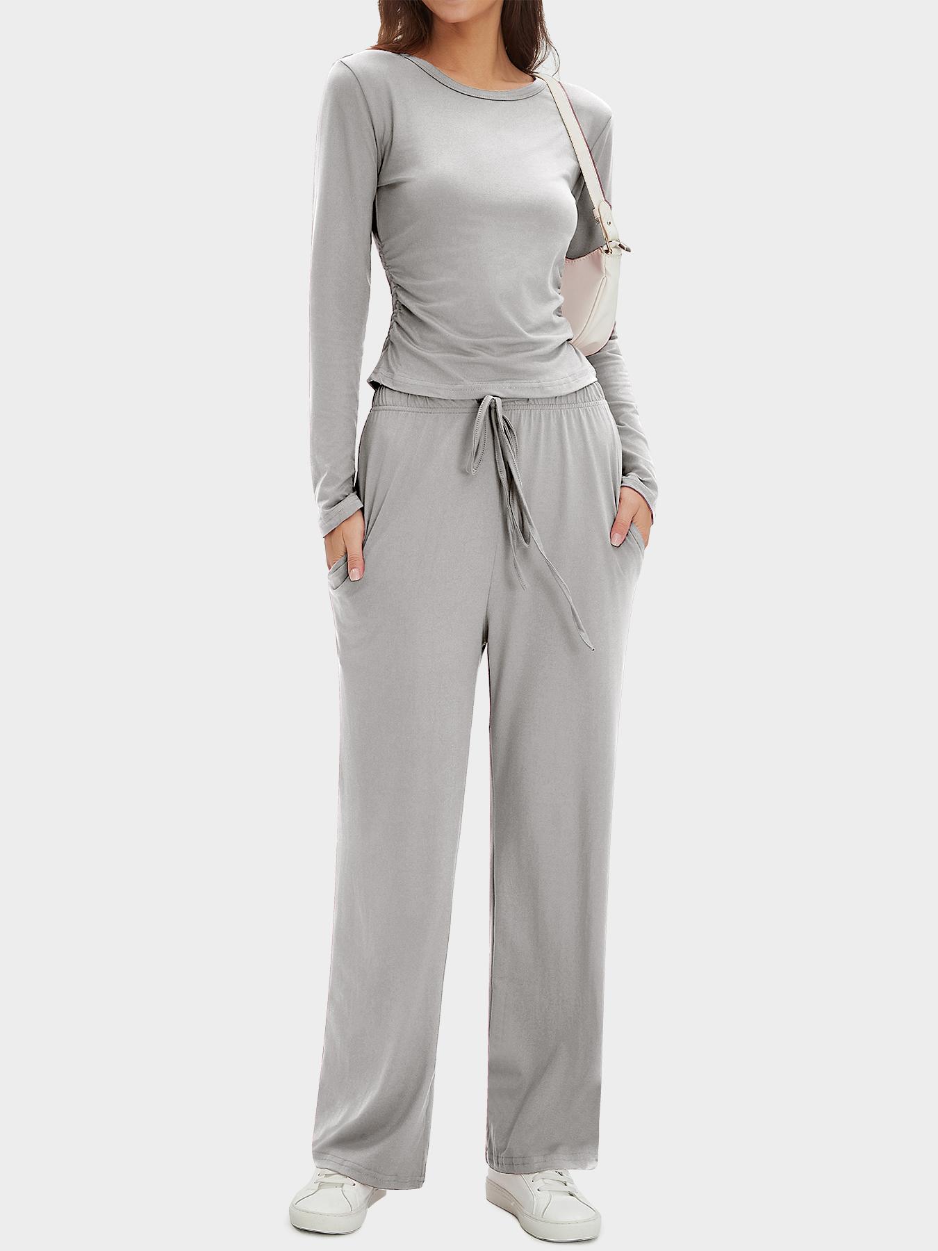 Women's 2-Piece Set Autumn and Winter Loungewear Sets, Ruched Fitted Long Sleeve Tops & High Waisted Wide Leg Pants