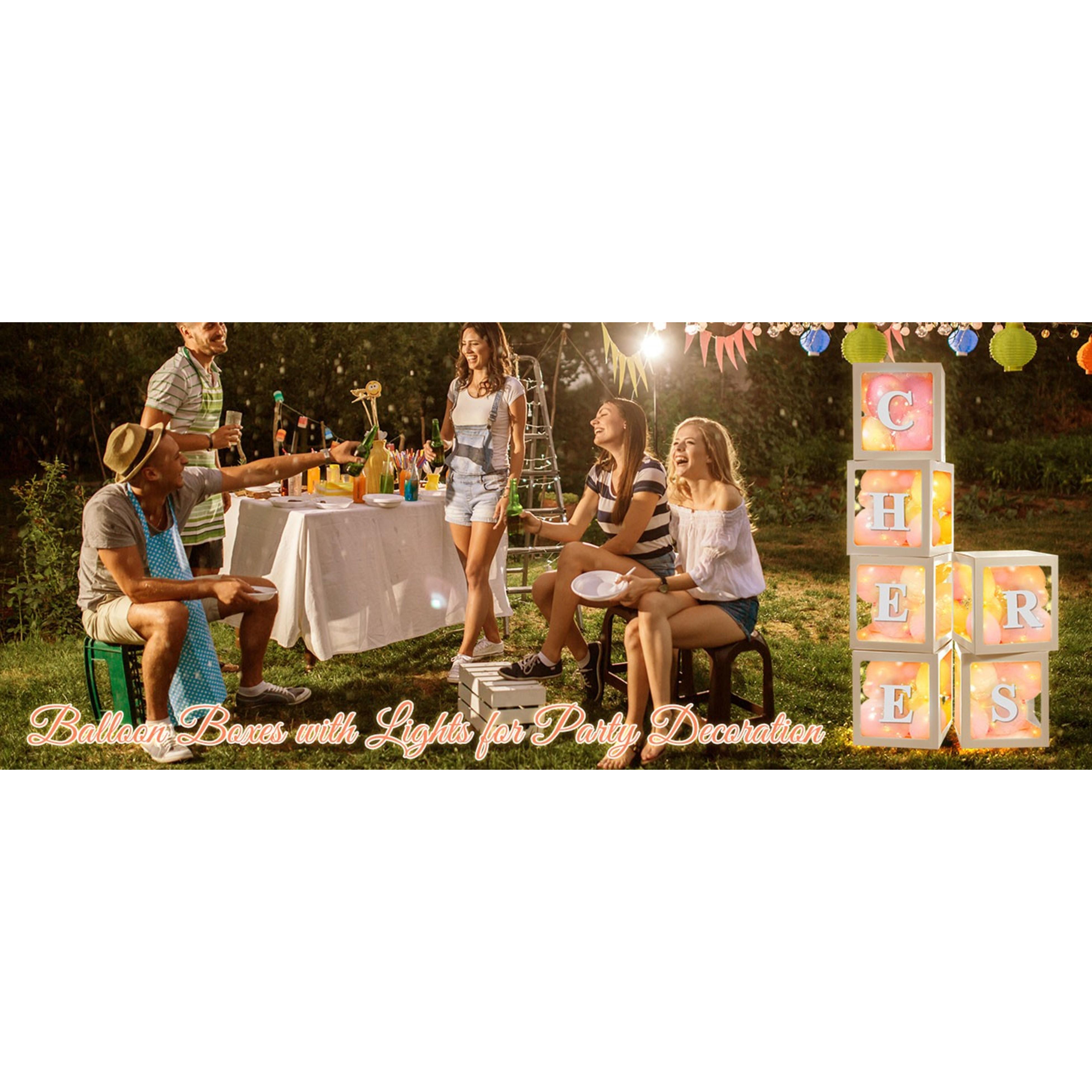 Transparent Balloon Boxes with 78 Letters Numbers Fairy Lights 6PCS - Clear White Balloon Boxes with String Lights for Baby Shower Gender Reveal Birthday Anniversary Bridal Party Decorations