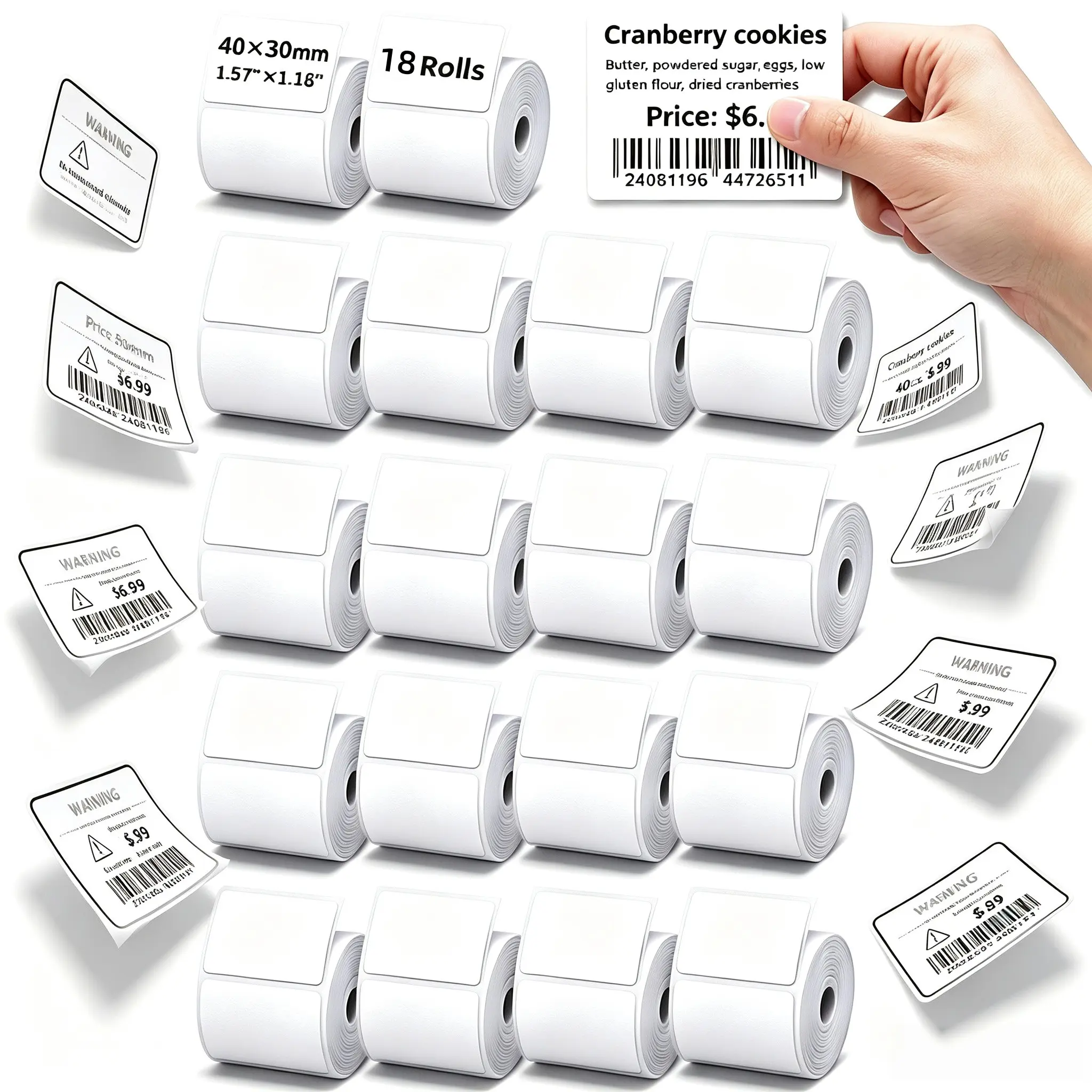 18 Rolls 40x30mm Thermal Self-Adhesive Labels, Waterproof, Oil-Resistant, Durable, Clear Print, Compatible with M110/m120/b21/b3s/m220/m108 Printers