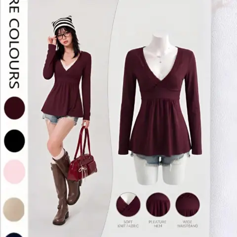 Women's Knitted Fabric Lace‑Trim V‑Neck Long‑Sleeve Peplum Top, Retro Wine Red Empire‑Waist Gathered Babydoll Blouse, Loose Draped, Comfortable & Stylish for Autumn Daily Wear