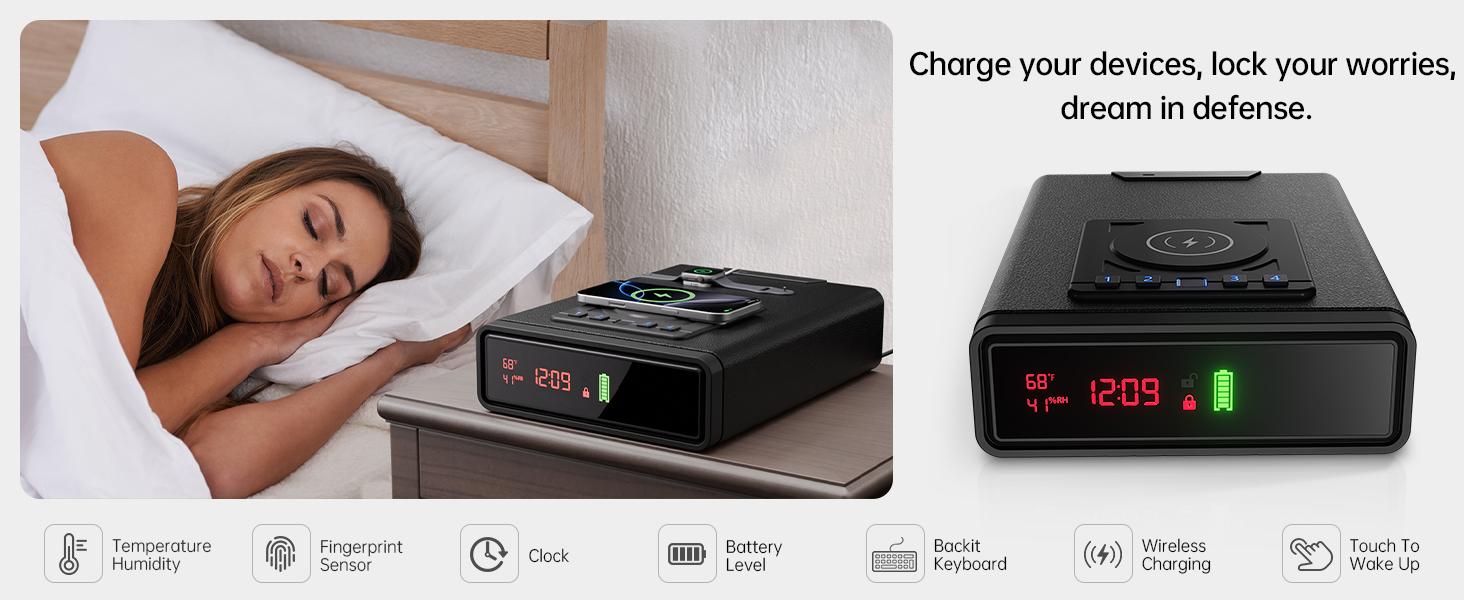 Biometric Personal Safe Container with Wireless Charging for Phone&Watch, 3 Quick Access Money Box with Fingerprint Backlit Keypad - Compact Bedside Drawer Safe, 24/7 Digital Clock