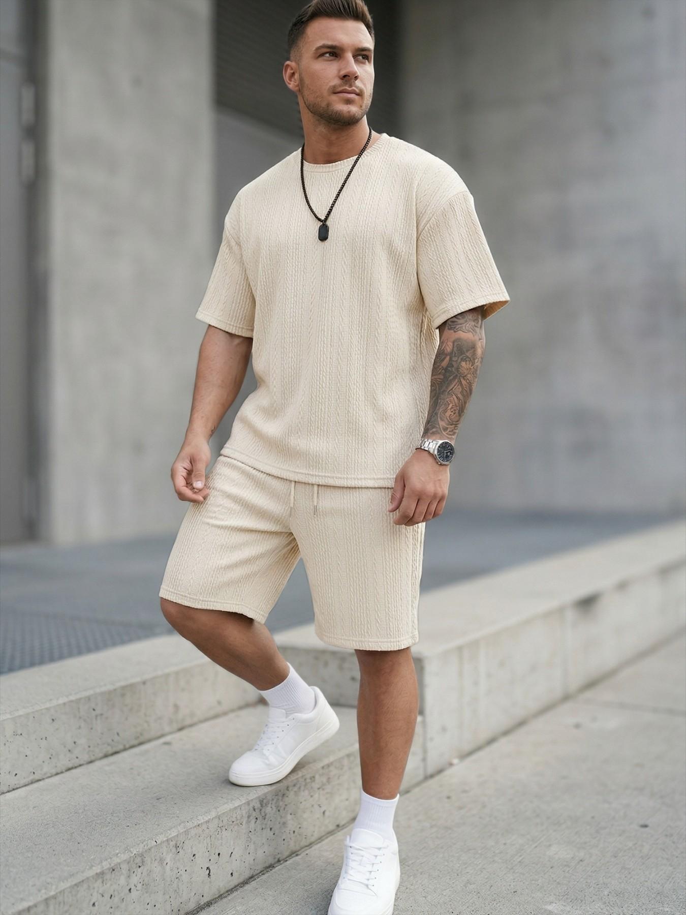 Men's Youth Textured Casual Vacation Outdoor Round Neck Loose Fit T-Shirt + Drawstring Shorts, Short Sleeve, Fitted, Plain, Contrast Binding