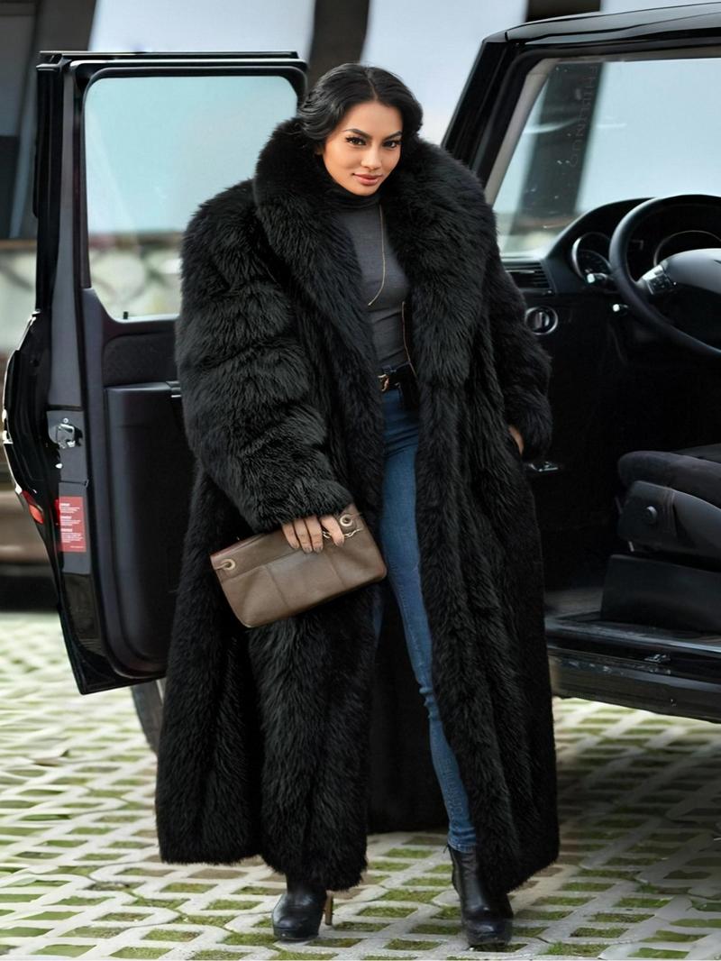 [Plus Size]Women's Faux Fur Coat, Comfortable Casual Party Jacket, Fashion Luxury Trendy Fall Winter, Soft Long Sleeve Pocket Medium Length