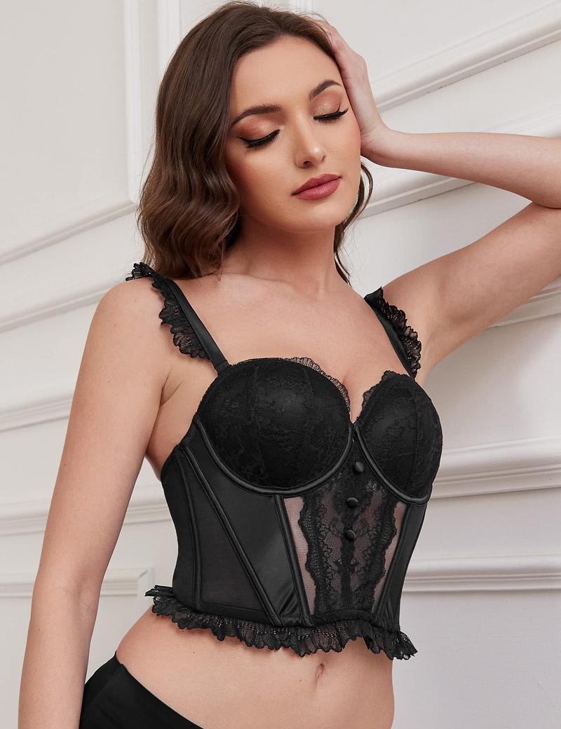 Wingslove Fashion Women's Strapless Bra Longline Lace Bustier Corset Push Up Boned Underwire Sexy Sheer Mesh Lace Trim Low Back Bra