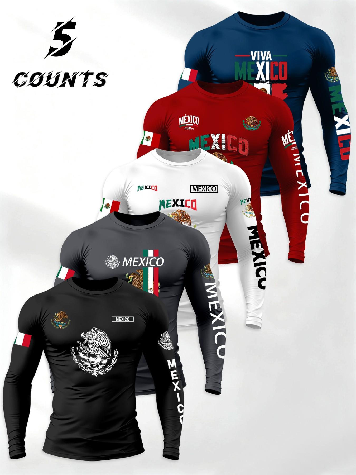 Men's 5-Piece Set Mexican Patriotic Long Sleeve T-Shirt, Athletic Letter Print, Elastic Sporty Fitness Top, Athletic Sports Clothing, Daily Wear/hardcore Gym Use, High Return Rate