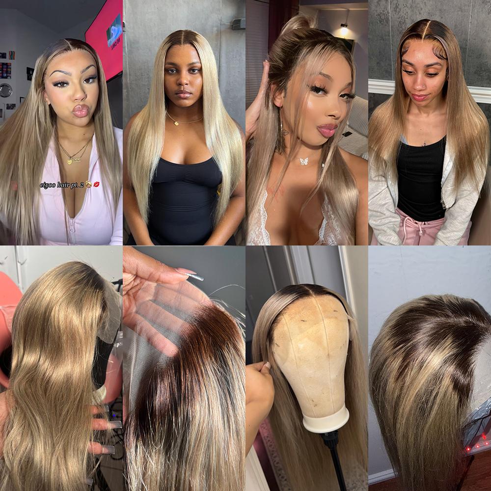 28 30 32 Inch Brown Root Ash Blonde Straight 13X4 Lace Frontal Human Hair Wigs Transparent Lace 180 Density Ombre Ash Blonde Human Hair Wig for Women Pre Plucked SpringStatements