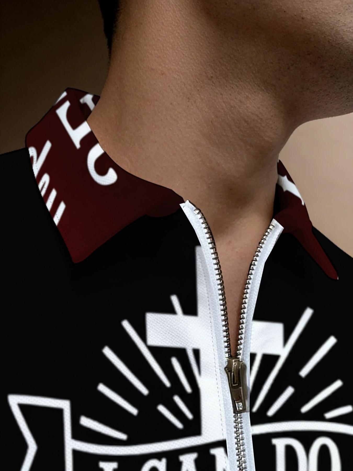 Men's Religious Theme Short Sleeve Polo Shirt with Faith Inspirational Print, Christian Bible Verse Color Block Design, Summer Trendy Men's Wear