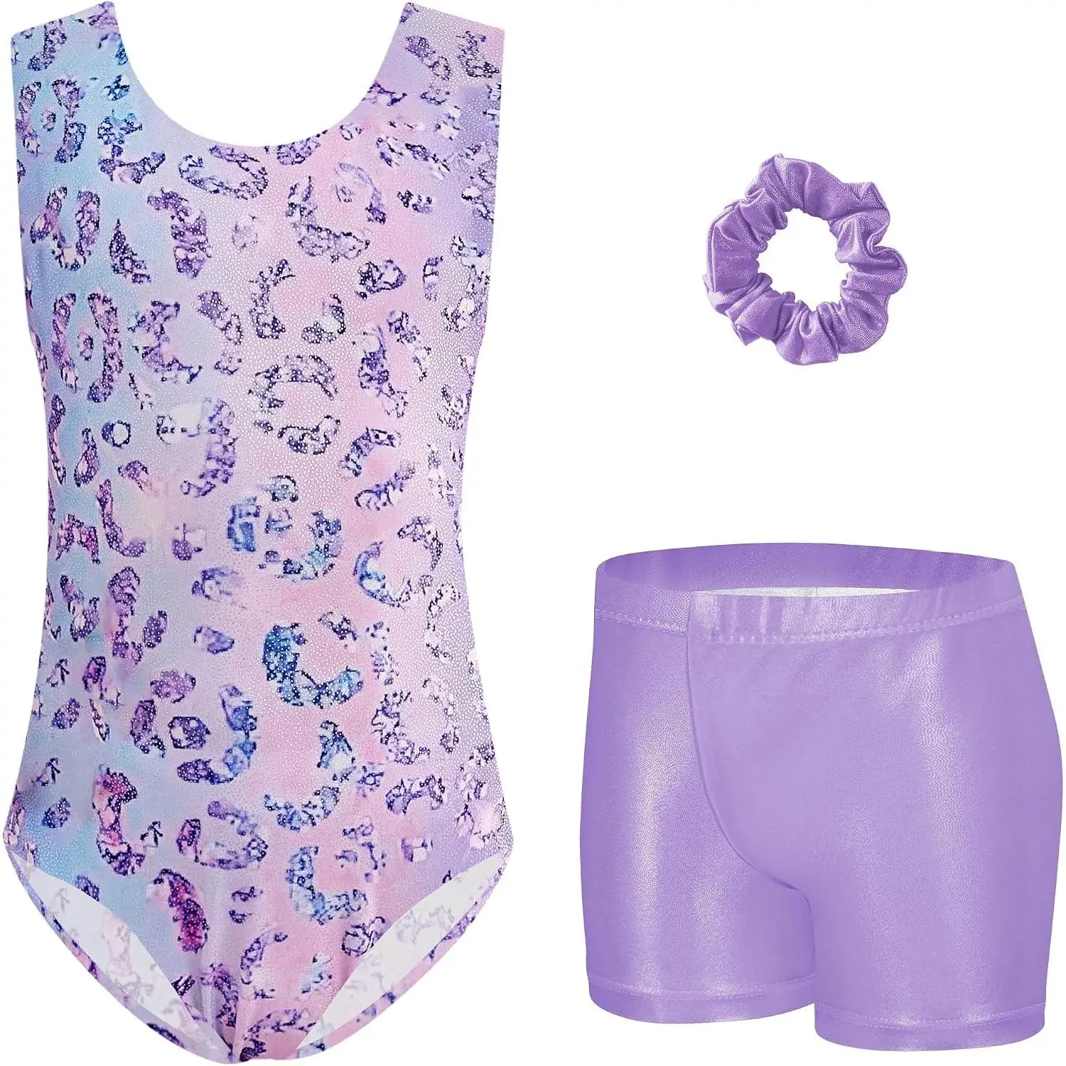 Girls' Sparkle Print Leotard + Shorts Unitard Set, 3-12 Years, for Gym Class, Tumbling