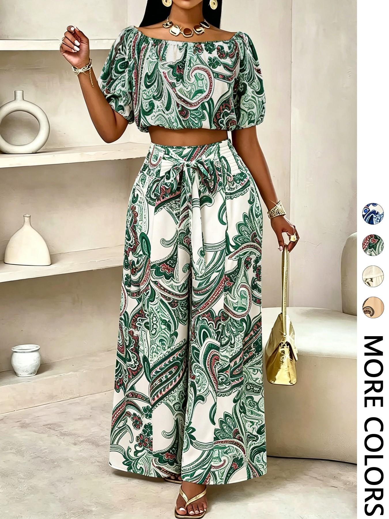 Women's Summer Paisley Print Bohemian Vintage Chic Vacation Two-Piece Set Outfit, Off-Shoulder Bubble Sleeve Crop Top + High Waist Drawstring Wide Leg Pants