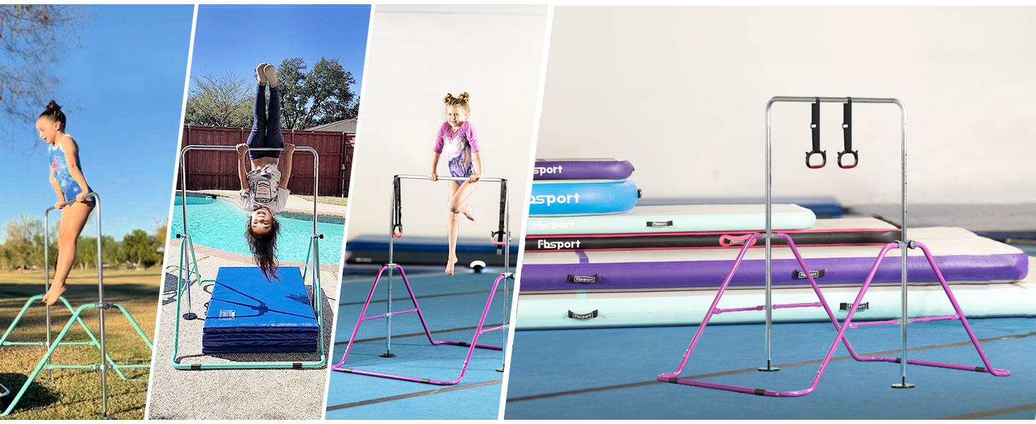FBsport Expandable Gymnastics Bars for Kids, Adjustable Height Gymnastic Horizontal Bars with Rings, Children Folding Training Equipment for Home
