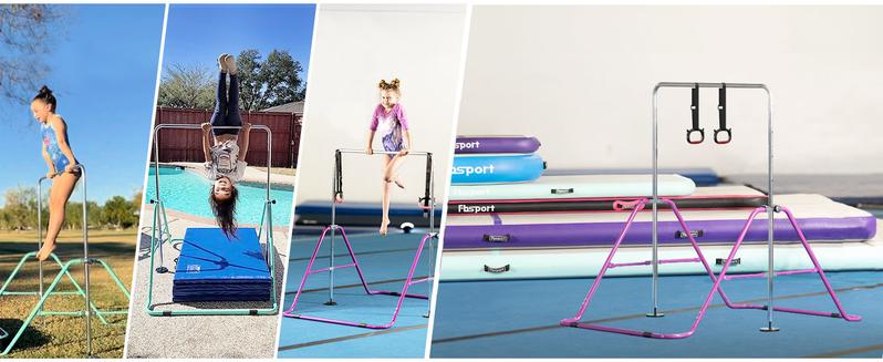 FBsport Expandable Gymnastics Bars for Kids, Adjustable Height Gymnastic Horizontal Bars with Rings, Children Folding Training Equipment for Home