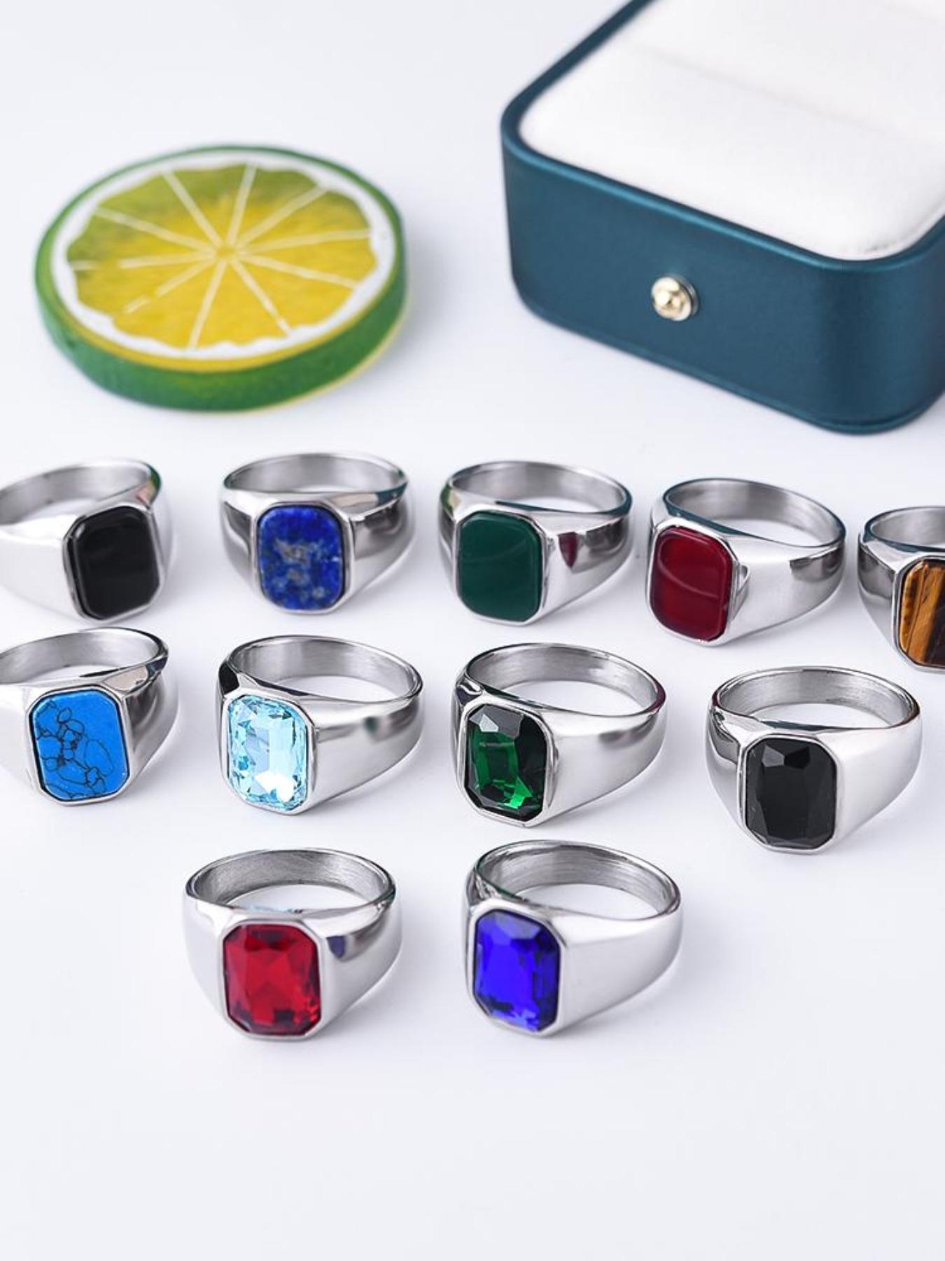 Vintage Turquoise Men's Stainless Steel Ring, Natural Agate Vein, Unique Gemstone Accessory