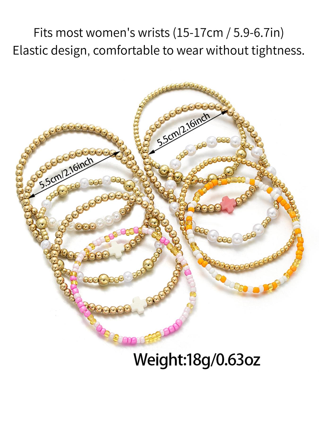 Boho Stackable Beaded Bracelets for Women, Gold Pearl Elastic Bracelet Set, Summer Beach Bohemian Jewelry, Colorful Cross Charm Wrist Bracelets, Daily Wear Gift for Her