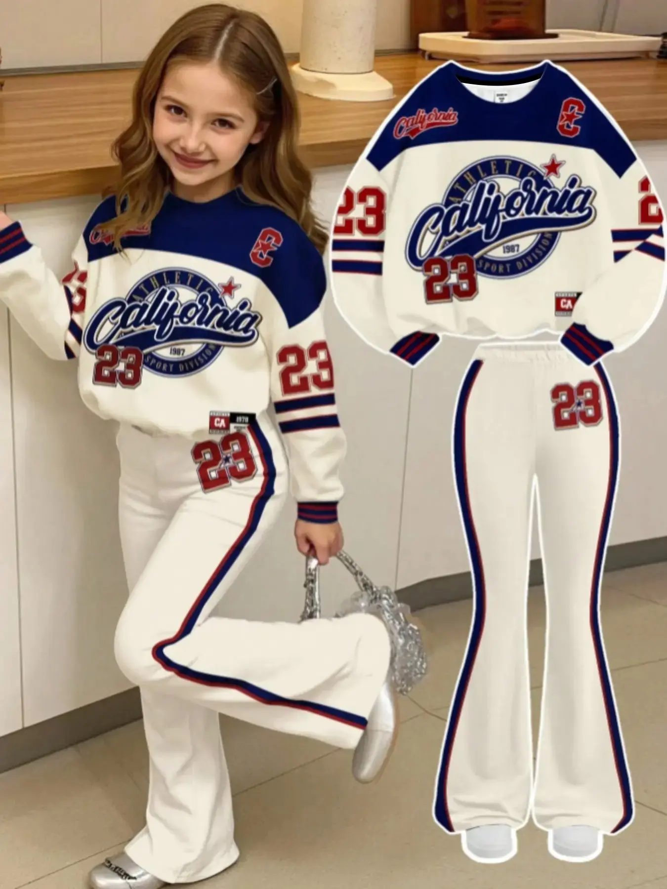 Tween Girl Casual Digital Print Round Neck Sweatshirt and Bell Bottoms Set, Slim-Fitting Spring & Fall Suit, All over Print Pattern, Sweatshirt Sets, Graphic Print Set