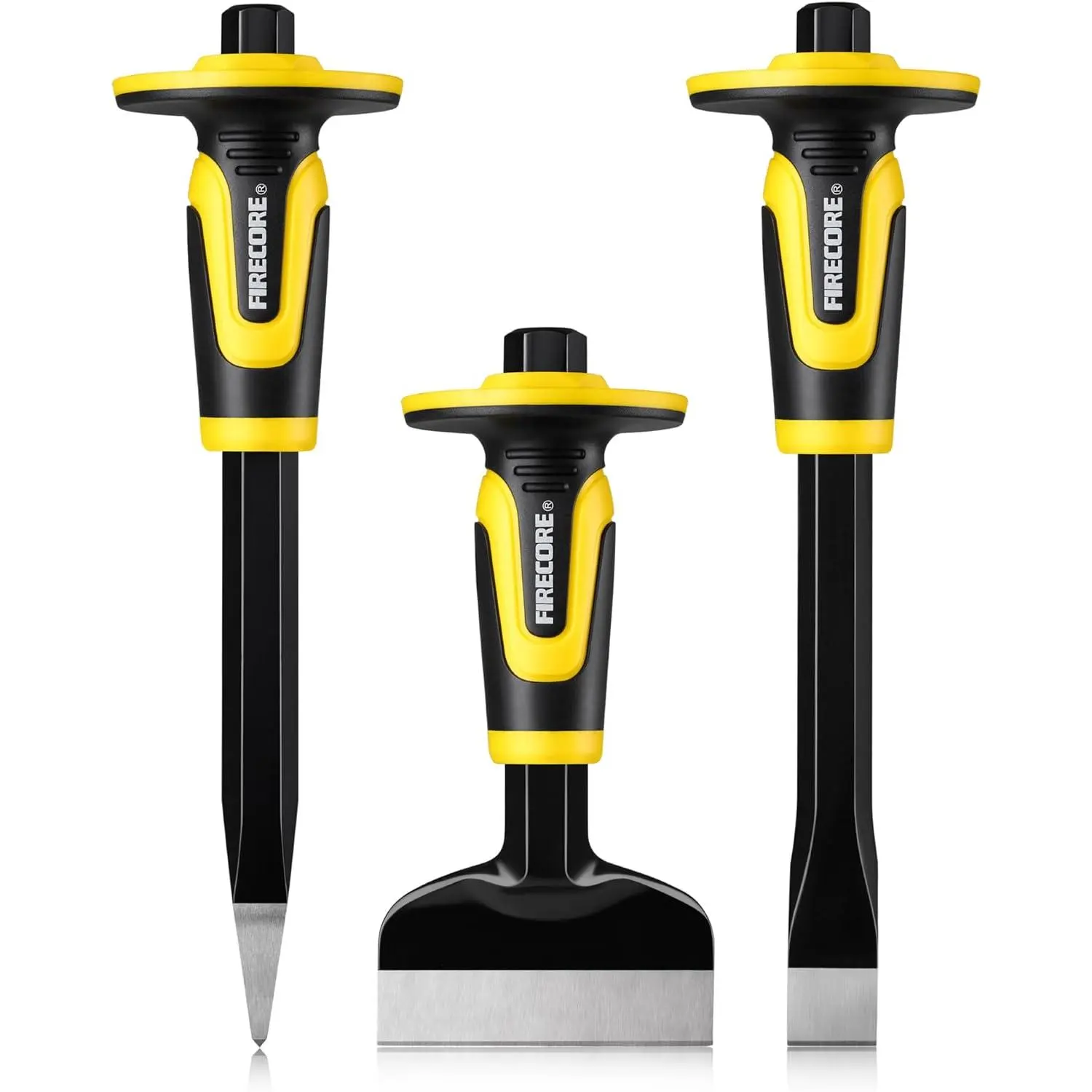 3PCS Concrete Chisel Set with Safety Hand Guard, Heat-Treated Stone Chisels for Demolition, Masonry Work on Stone Surfaces, In-Size Rubber Grip Handle