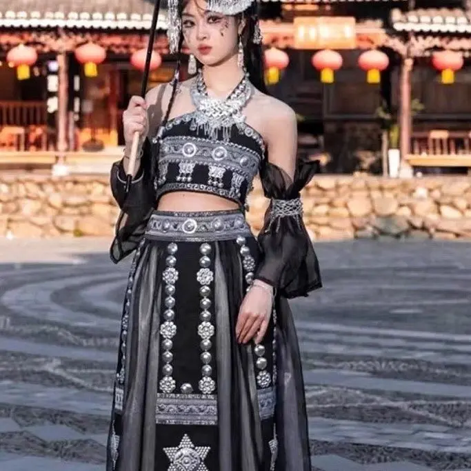 Hmong Miao Black Bustier Photo Shoot Styling Set - Retro Multi-Style Options