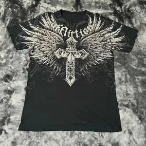 Y2K Affliction T Shirt Vintage Clothing Punk Hip Hop Graphic Print Oversized T shirt Women Round Neck Cotton Short Sleeve Tops