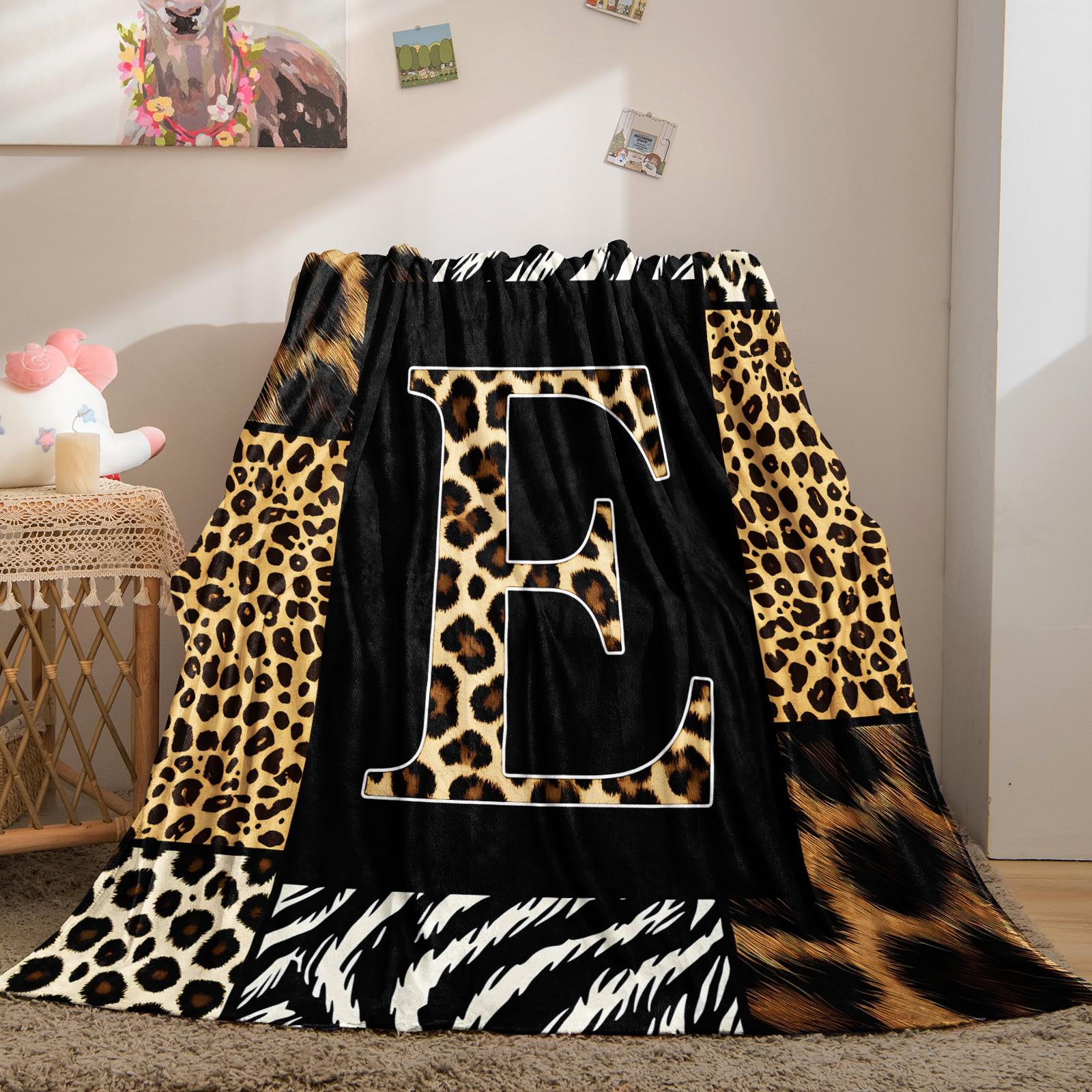 Animal Print Monogram Throw Blanket, Leopard Zebra Tiger Initial Soft Flannel Blanket for Sofa Bed, Gift for Animal Lovers