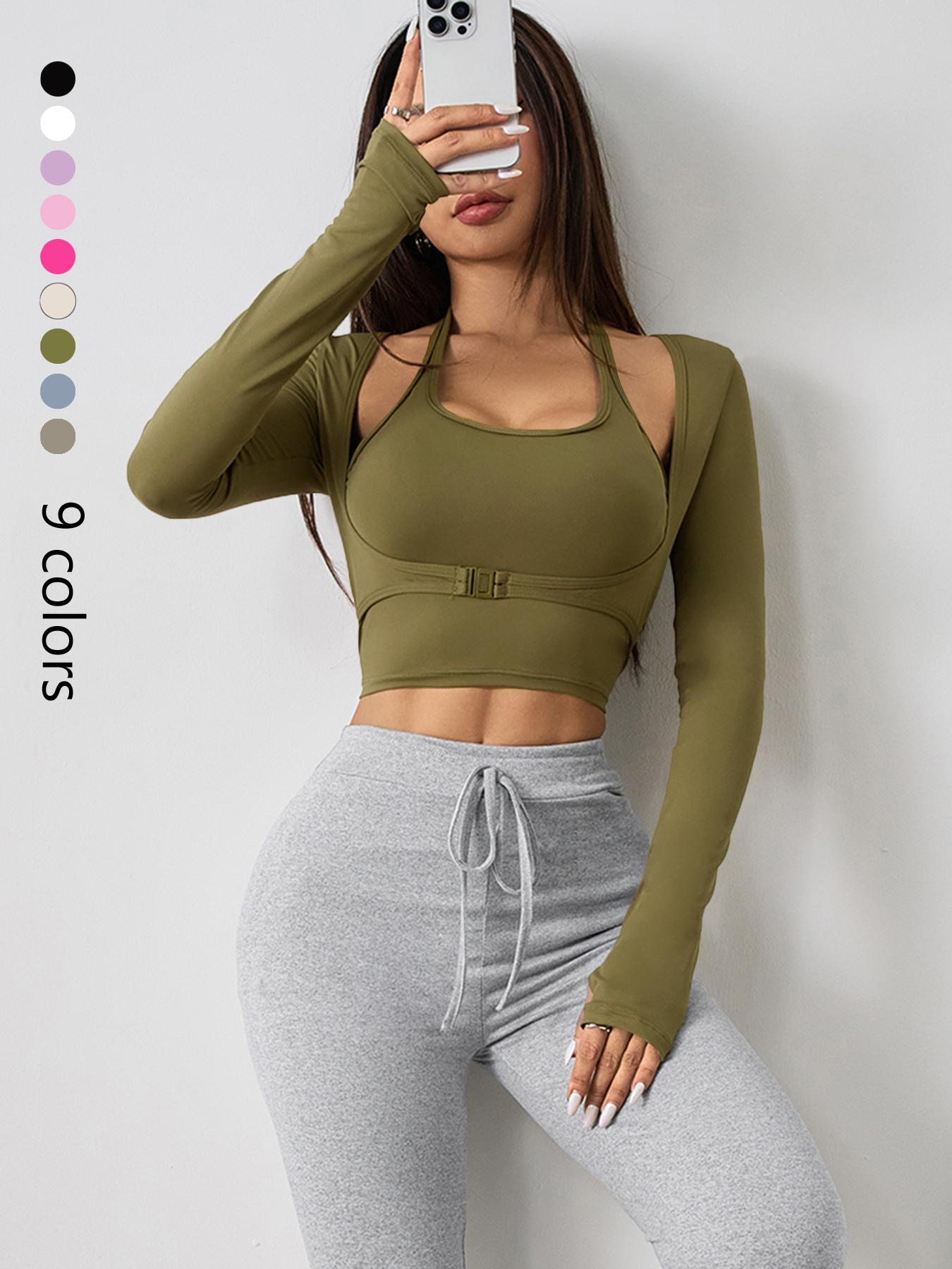 Women's Solid Color Long Sleeve Thumb Hole Design Halter Neck 2 in 1 Sports Tee Gym Yoga Tops for Yoga Gym Workout, Ladies Sportswear for All Seasons