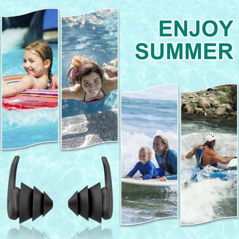 3-Layer Waterproof Reusable Silicone Ear Plugs, 2 Pairs for Swimming, Surfing, Snorkeling, Adults & Teens Aged 14+