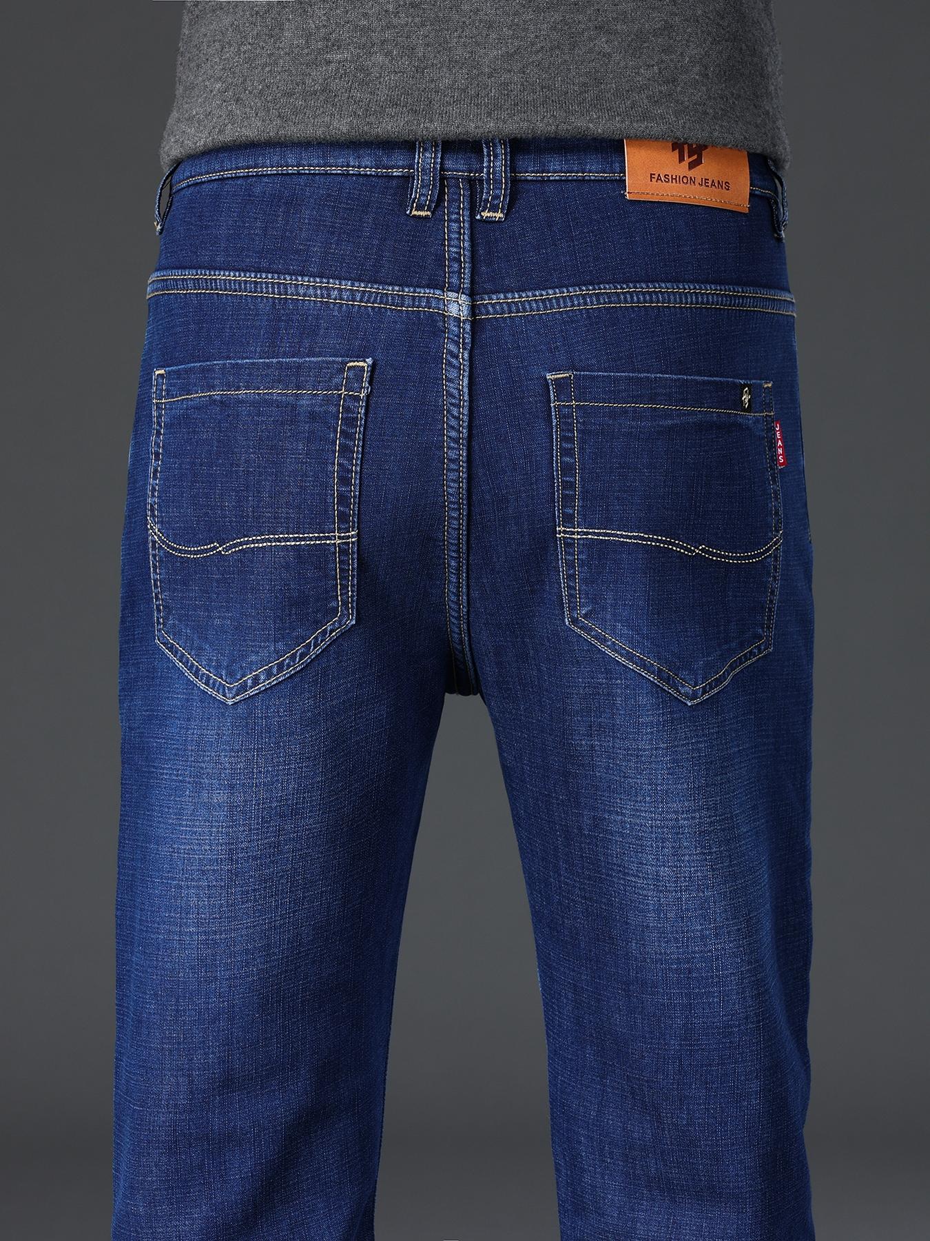 Men's Thickened Winter Fleece Jeans, Hi Rise Jeans, Loose Straight Leg High Waist Casual Elastic Pants, Warm Long Denim Trousers for Fall & Winter