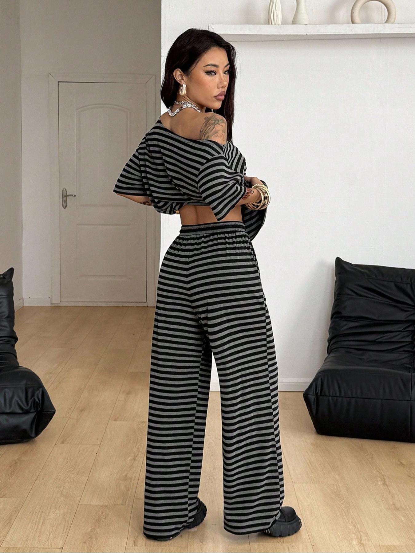 Women's Casual Streetwear Two-Piece Set, Comfortable Shoulder-Exposed Top & Wide-Leg Pants, Daily Wear Sportswear Women's Casual Streetwear Two-Piece Set, Comfortable Shoulder-Exposed Top & Wide-Leg Pants, Daily Wear Sportswear