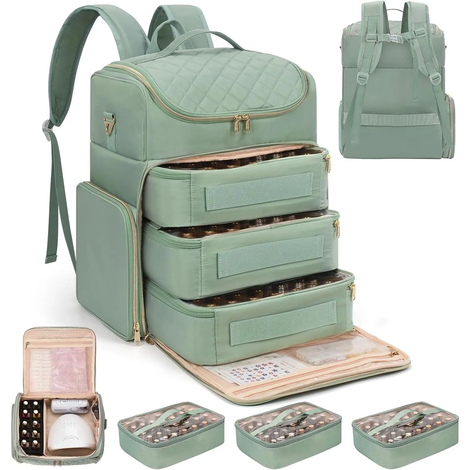 Polish Organizer Backpack, Holds 124+ Bottles & Full Size Lamp, Travel  Organizers and Storage Bag with 3 Removable Pouches, Portable  Supplies Case (Rhombus Green, 124 Slots)