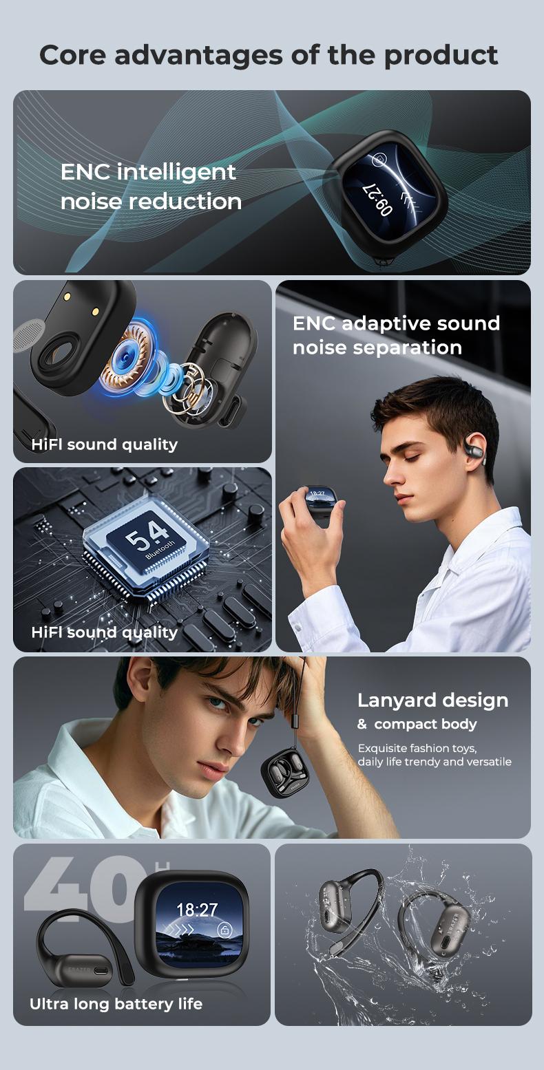 ERAZER XF38 OWS Wireless Bluetooth Earbuds HIFI Sound Quality Music Headphones for Gaming Travel Sports,Wireless Remote Control Built-in Mic