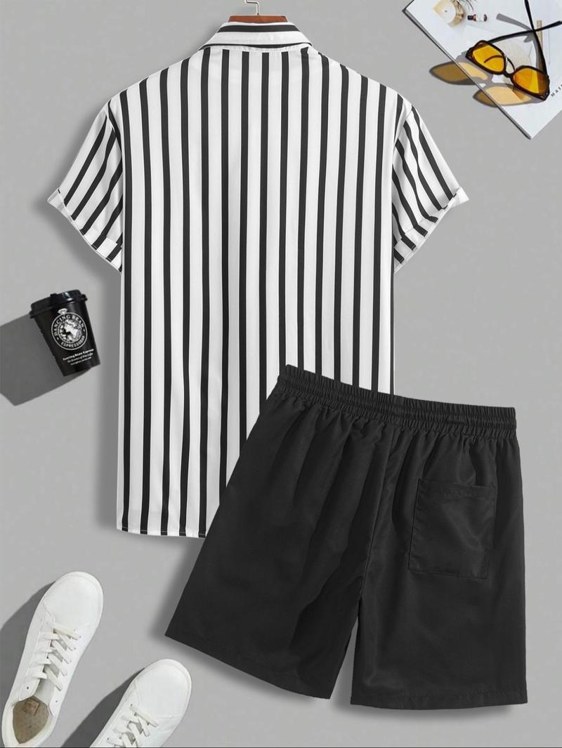 Men's Colorblock Striped Print Button Front Shirt & Shorts Set, Casual Short Sleeve Collared Top & Shorts, Men's Summer Clothes for Beach Vacation