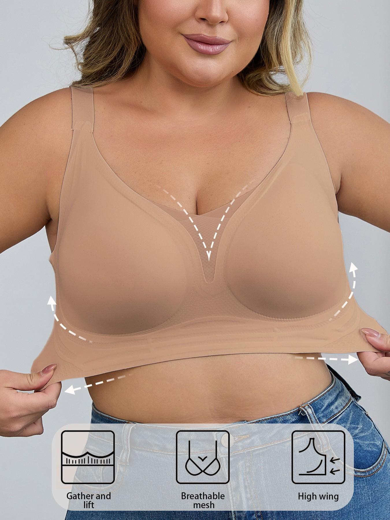 Women's Plus Size Seamless Wireless Bra - Gather & Lift Support, Breathable Mesh, High Side Wings for Side Fat Control, No Underwire Comfort