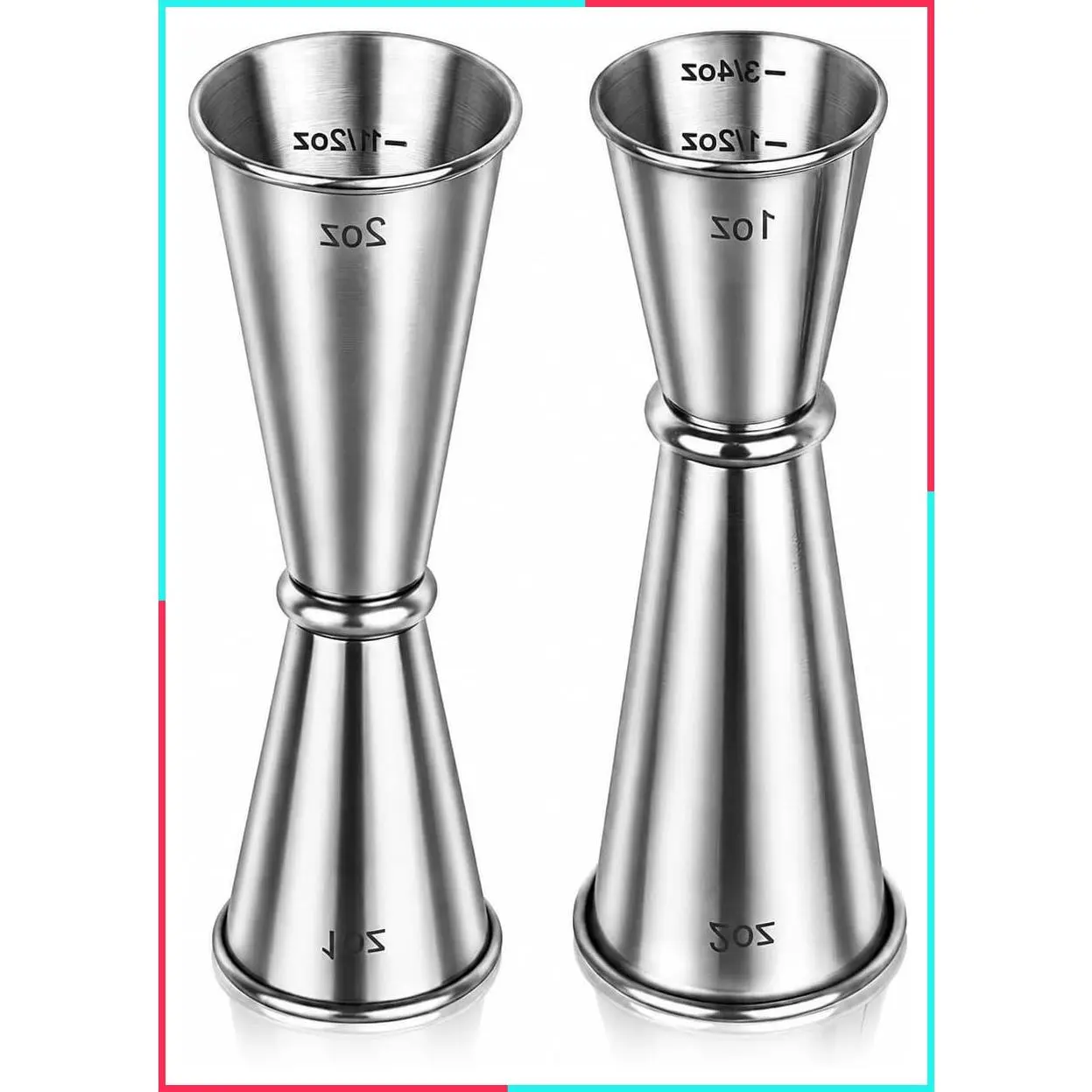 2 Pack Double Jigger for Bartending, 2 oz / 1 oz Stainless Steel Cocktail Measuring Cup