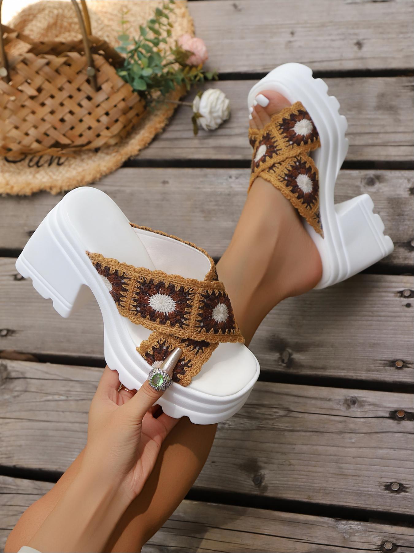 Boho Style Handmade Crochet Shoes, Colorful Block Pattern, Cross Strap Design, Thick Sole Heel, Waterproof Anti-Slip, Comfortable & Stylish