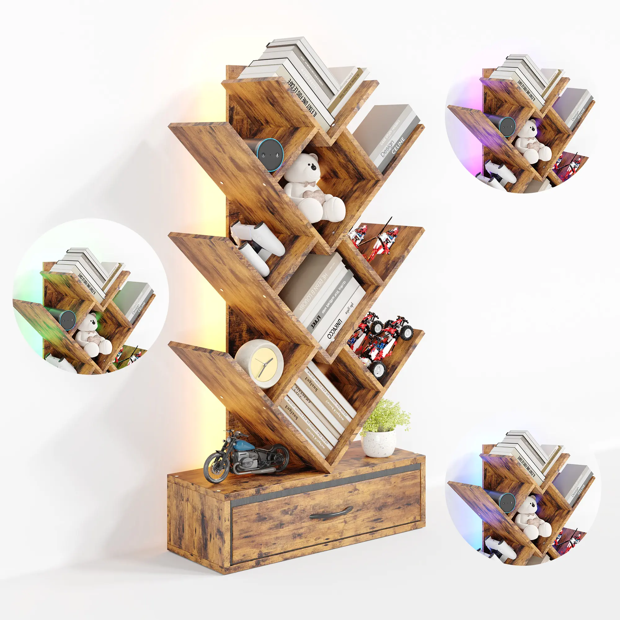 Tree Bookshelf with LED Lighting & Fabric Drawer – Space-Saving Vertical Bookcase for Home Office, Living Room, Bedroom – Modern Industrial Wood Finish, Sturdy & Compact