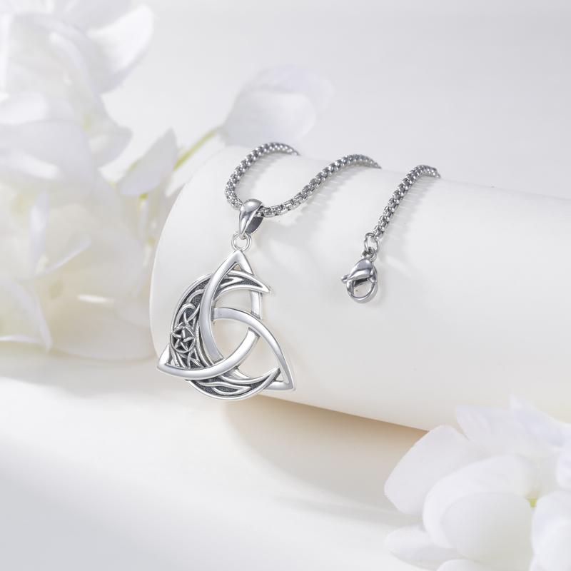 DRINSPER S925 Celtic Moon Necklace 925 Sterling Silver Necklace, Good Luck Crescent Irish Necklace Moonstone Pendant Celtic Knot Jewelry Gift for Women Men