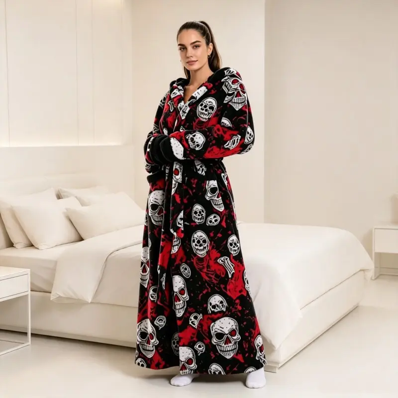 Plus Size Fashion Skeleton Print Fleece Wearable Blanket, Oversized Thick Warm Soft Cozy Robe for Halloween and Christmas Gifts, Comfortable Lounge Wrap