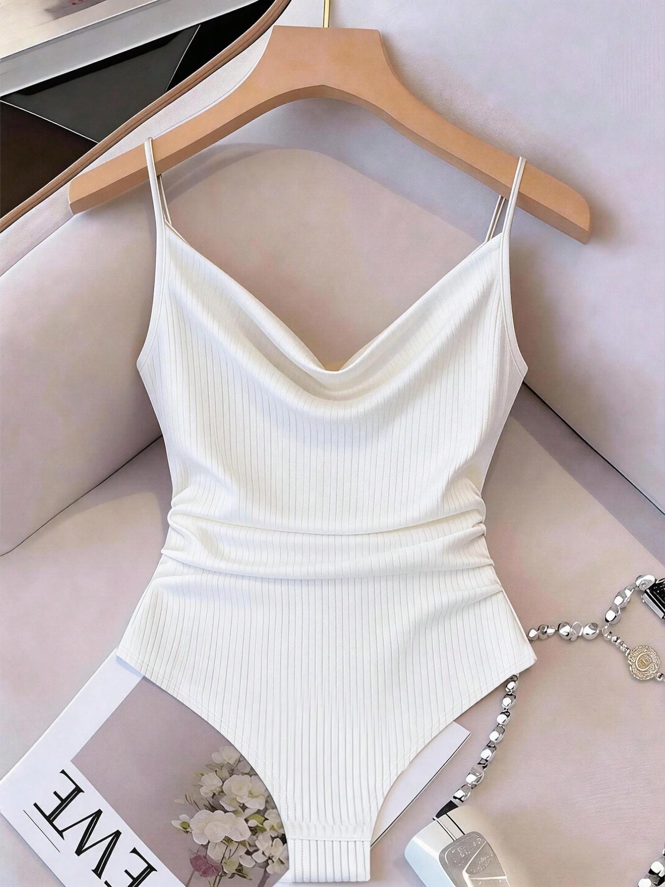 French Style Drop Shoulder V-Neck One-Piece Tank Top, Elastic Waist Slim Fit, Perfect for Everyday, Coffee Shops, Casual Vacations, Photo Ops, Girl Friend Gatherings