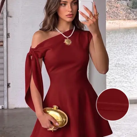 Women's Summer Unique Design Knit Dress, Asymmetrical Shoulder Ribbon Tie Bow Slim Fit Short Dress, Casual Office Street Date