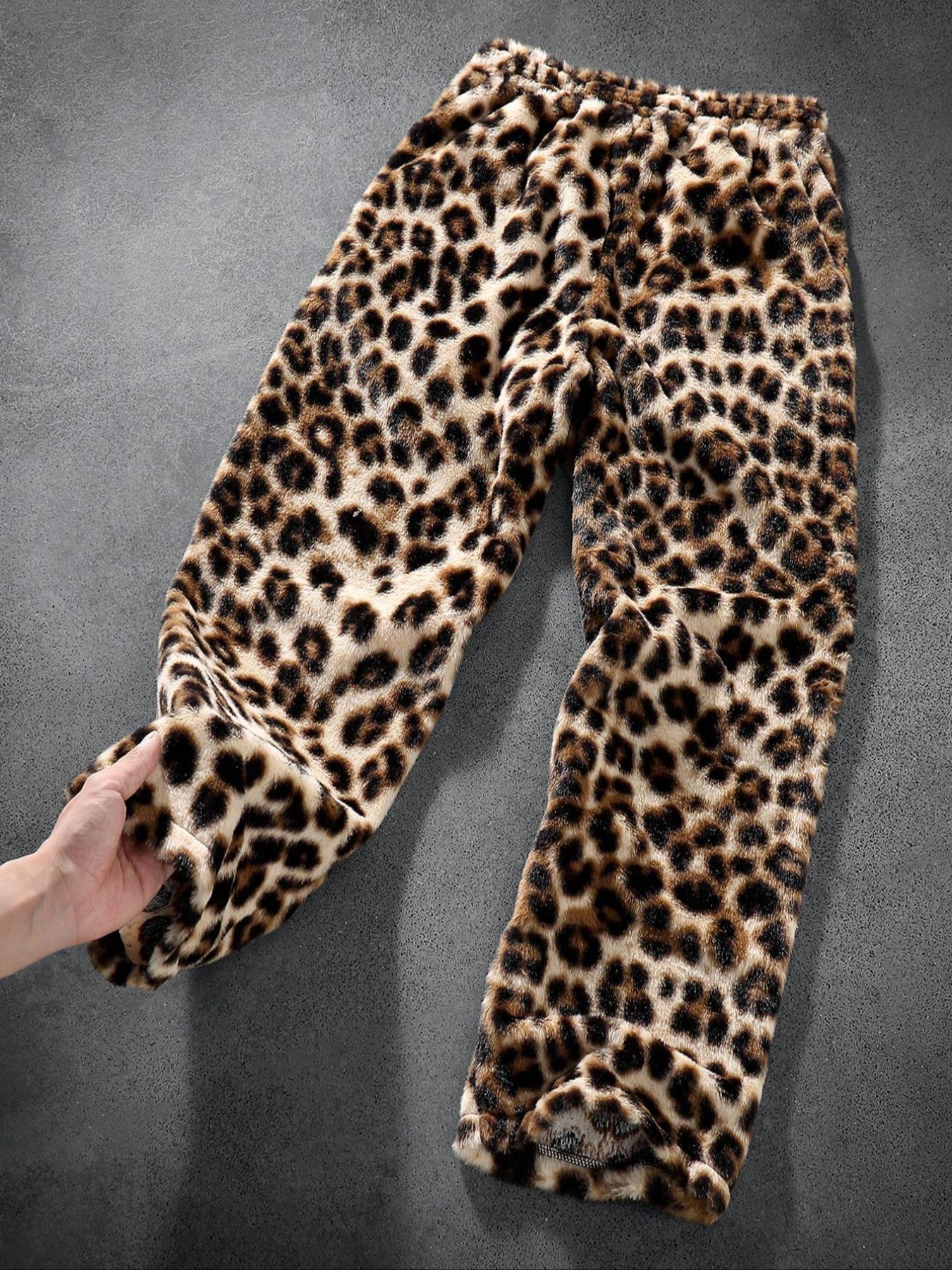 Men's Street Style Leopard Print Loose Pants, Elastic Waist Knit Sportswear, Reversible Fleece Lined Joggers for Casual Wear