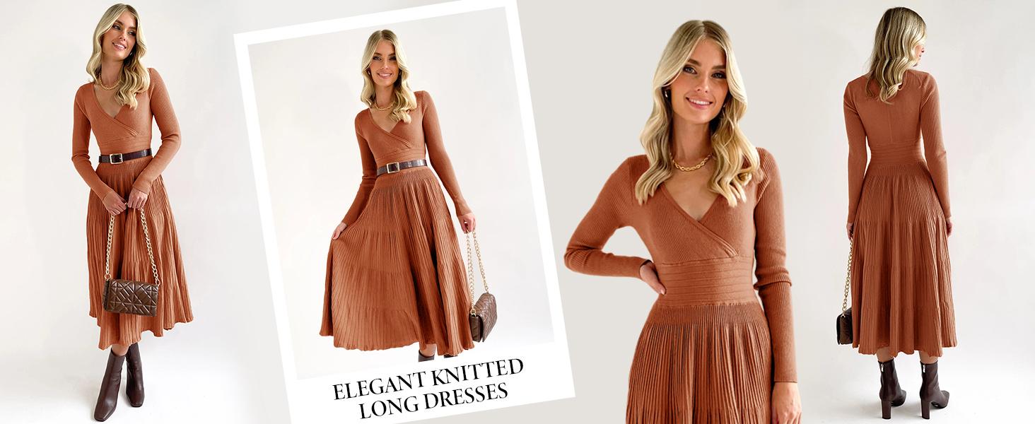 Saodimallsu Womens Long Sleeve Midi Sweater Dress Wrap V Neck Pleated A Line Fit Flare Elegant Knit Maxi Dress Casual Bride SpringStatements