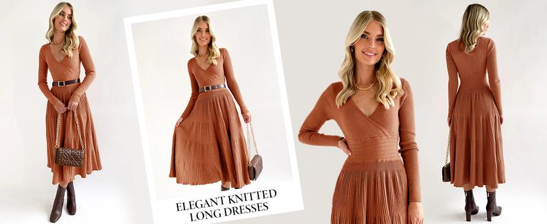 Saodimallsu Womens Long Sleeve Midi Sweater Dress Wrap V Neck Pleated A Line Fit Flare Elegant Knit Maxi Dress Casual Bride