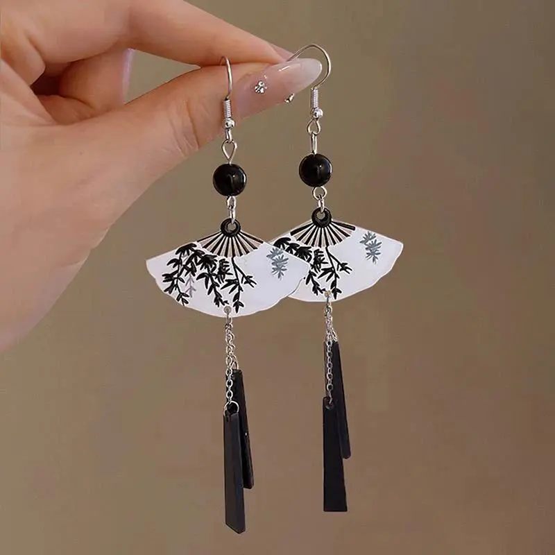 2PCS Chinese Ink Fan Butterfly Pendant Earrings For Women Fashion Creative Long Tassel National Earrings Jewelry Gift