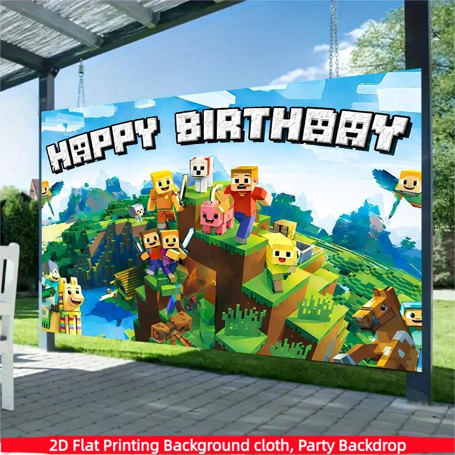 Pixel game birthday party background banner, happy birthday decoration, polyester material, suitable for birthday party decoration, stage and room decoration, home decoration, holiday party supplies, photo booth background, indoor/outdoor decoration