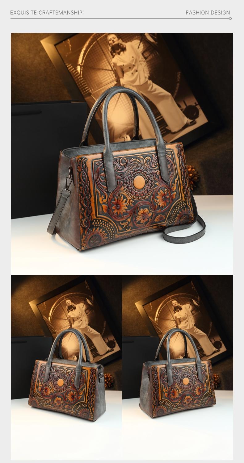 Vintage Tannery Craft Embossed Handbag, Traditional Floral Pressed Large Capacity Commuter Bag, Mom Style Shoulder Crossbody Bag