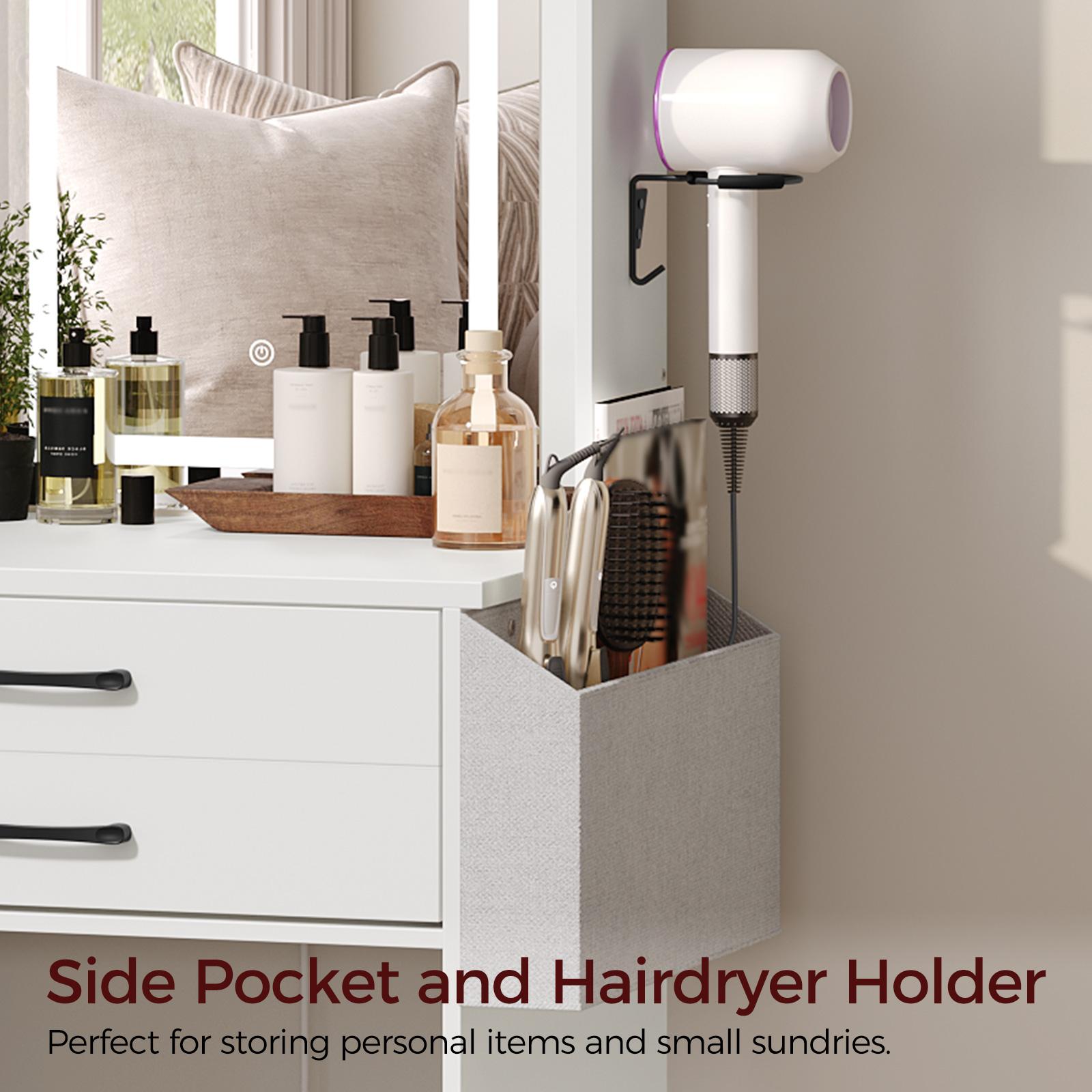 MAHANCRIS Vanity Desk Set with Adjustable Lighted Mirror, Storage Stool, Drawers, and Storage Side Bag, for Bedroom, Small Space, White