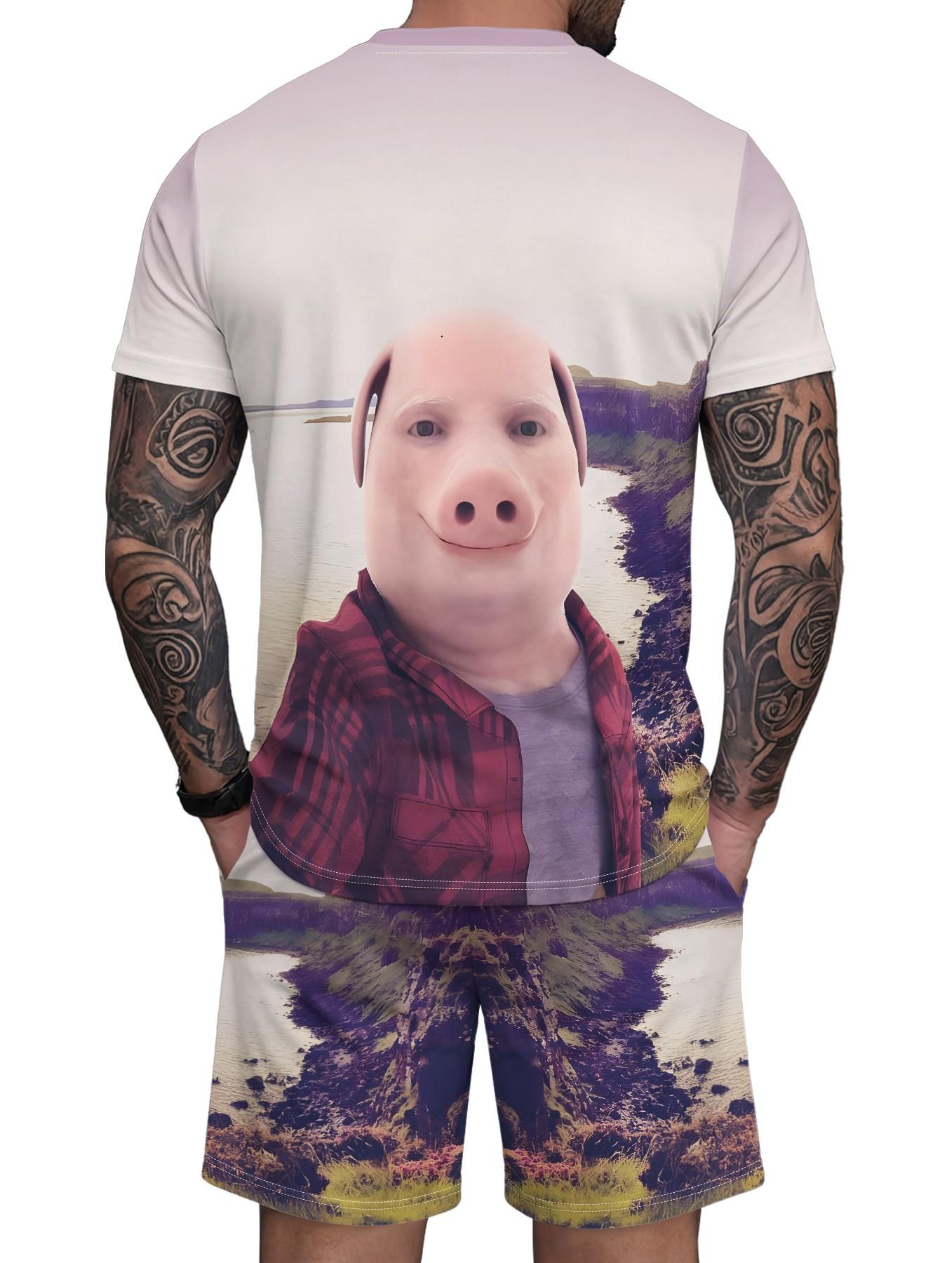 Men's Printed T-Shirt and Shorts Set, John Pork 3D Print Short Sleeve Tee and Casual Shorts, Unique Cool Street Style Outfit