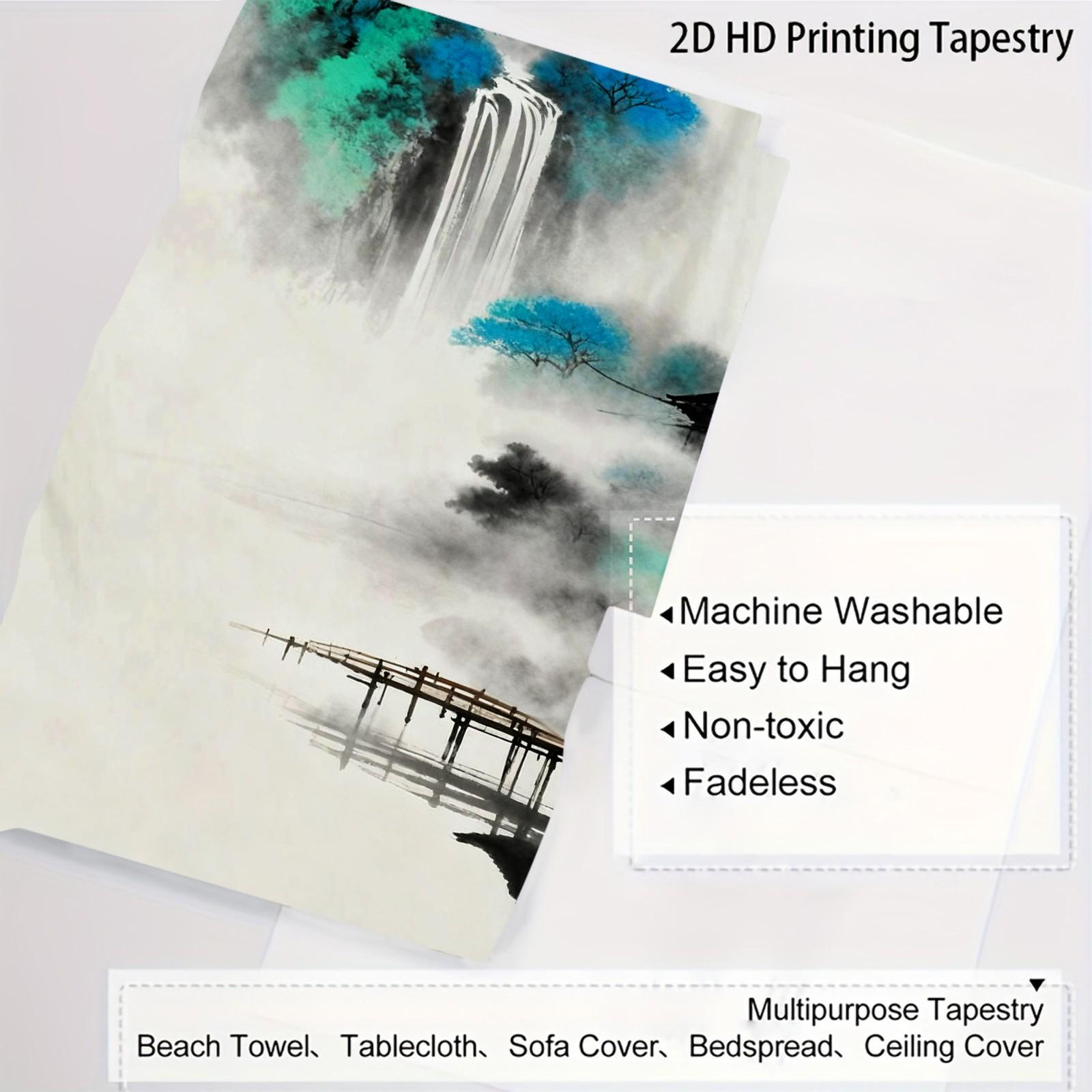 1 Piece Asian Ink Wash Mountain Landscape Printed Tapestry, Ink Wash Style Wall Hanging, HD Digital Print Living Room Bedroom Wall Tapestry, Fadeless Machine Washable Wall Decor, Multi-Purpose All-Season Tapestry for Living Room Bedroom