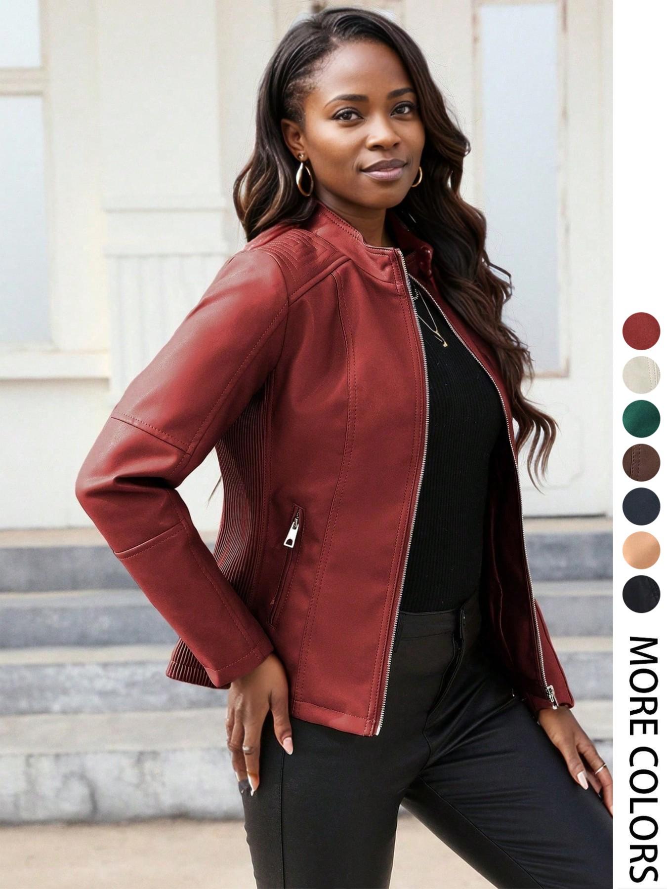 Women's Spring PU Motorcycle Jacket, Fitted Long Sleeve Zipper Pocket Commuter Streetwear, Casual Short Windproof Leather Coat